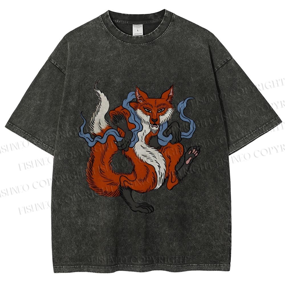 Unisex Japanese Ukiyo-e Fox Printed Washed Tee