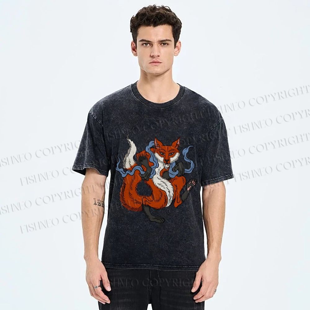 Unisex Japanese Ukiyo-e Fox Printed Washed Tee