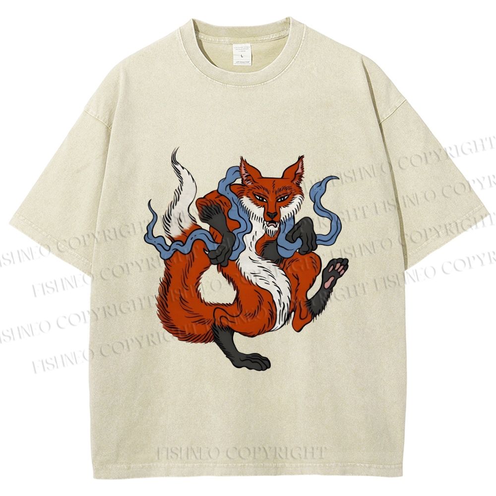 Unisex Japanese Ukiyo-e Fox Printed Washed Tee
