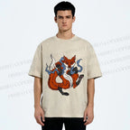 Unisex Japanese Ukiyo-e Fox Printed Washed Tee