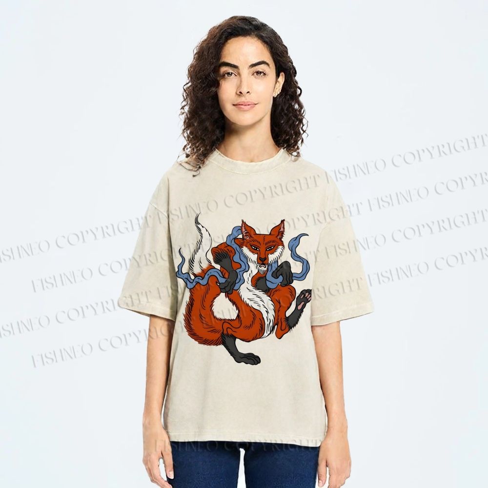 Unisex Japanese Ukiyo-e Fox Printed Washed Tee