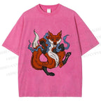 Unisex Japanese Ukiyo-e Fox Printed Washed Tee