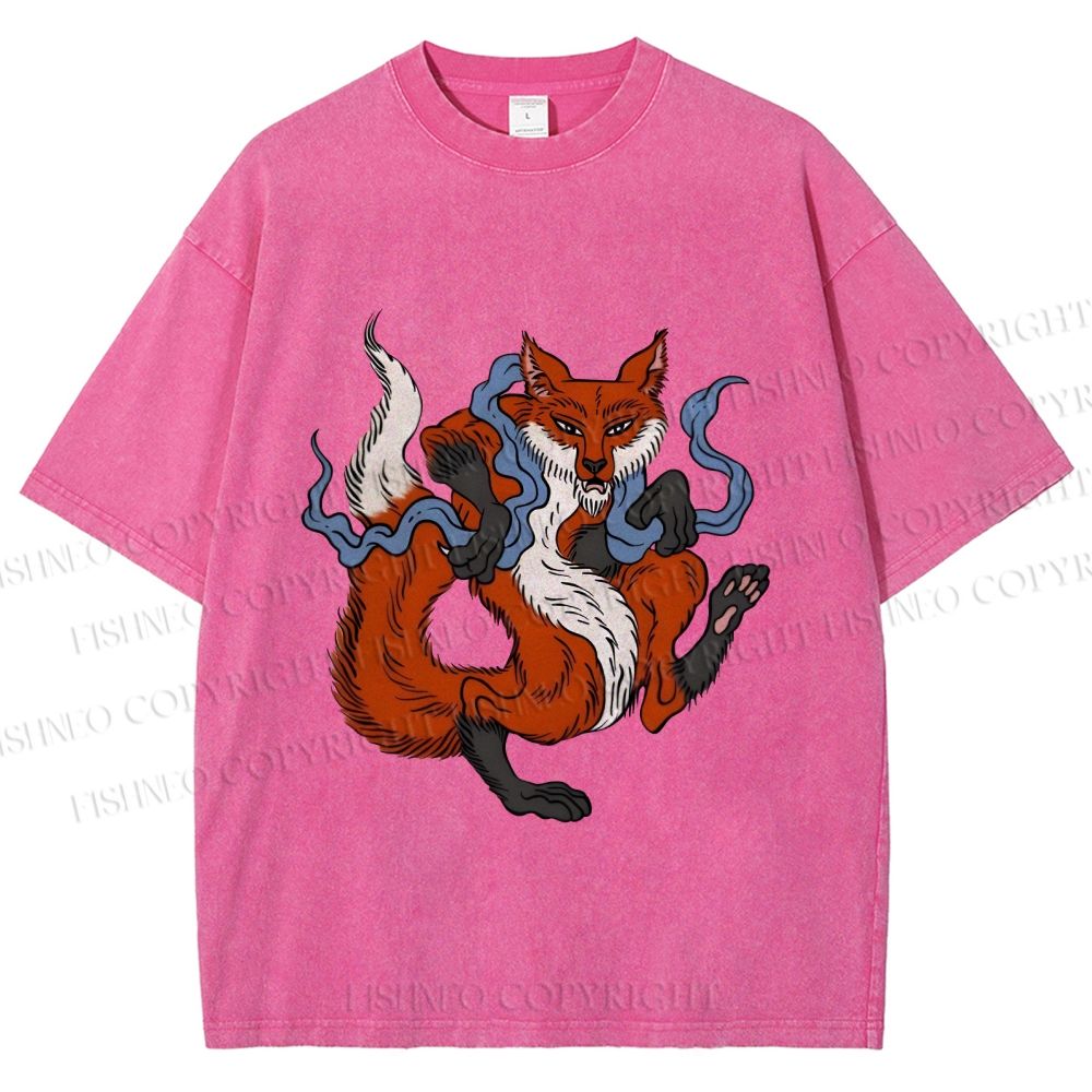 Unisex Japanese Ukiyo-e Fox Printed Washed Tee
