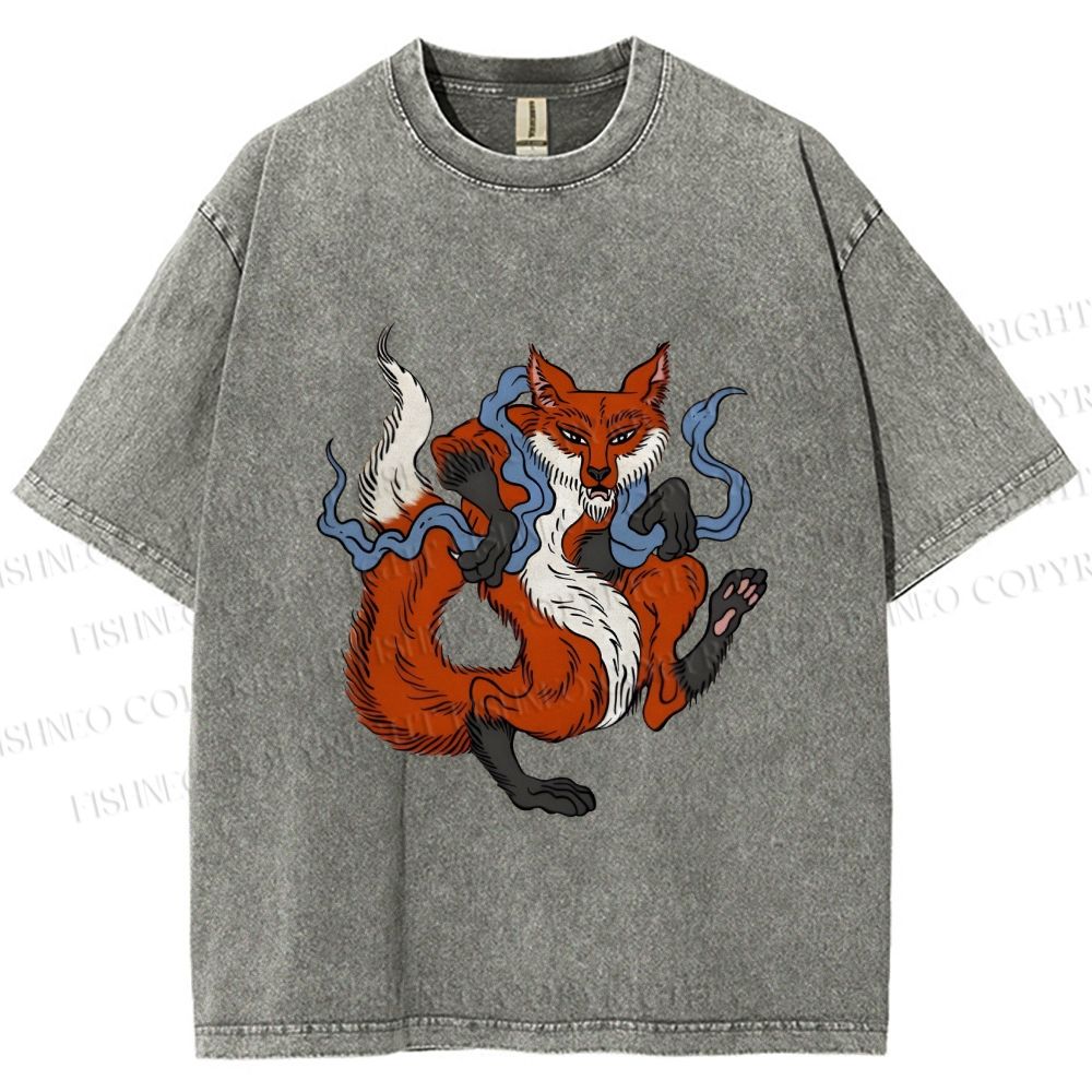 Unisex Japanese Ukiyo-e Fox Printed Washed Tee