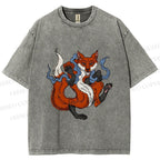 Unisex Japanese Ukiyo-e Fox Printed Washed Tee
