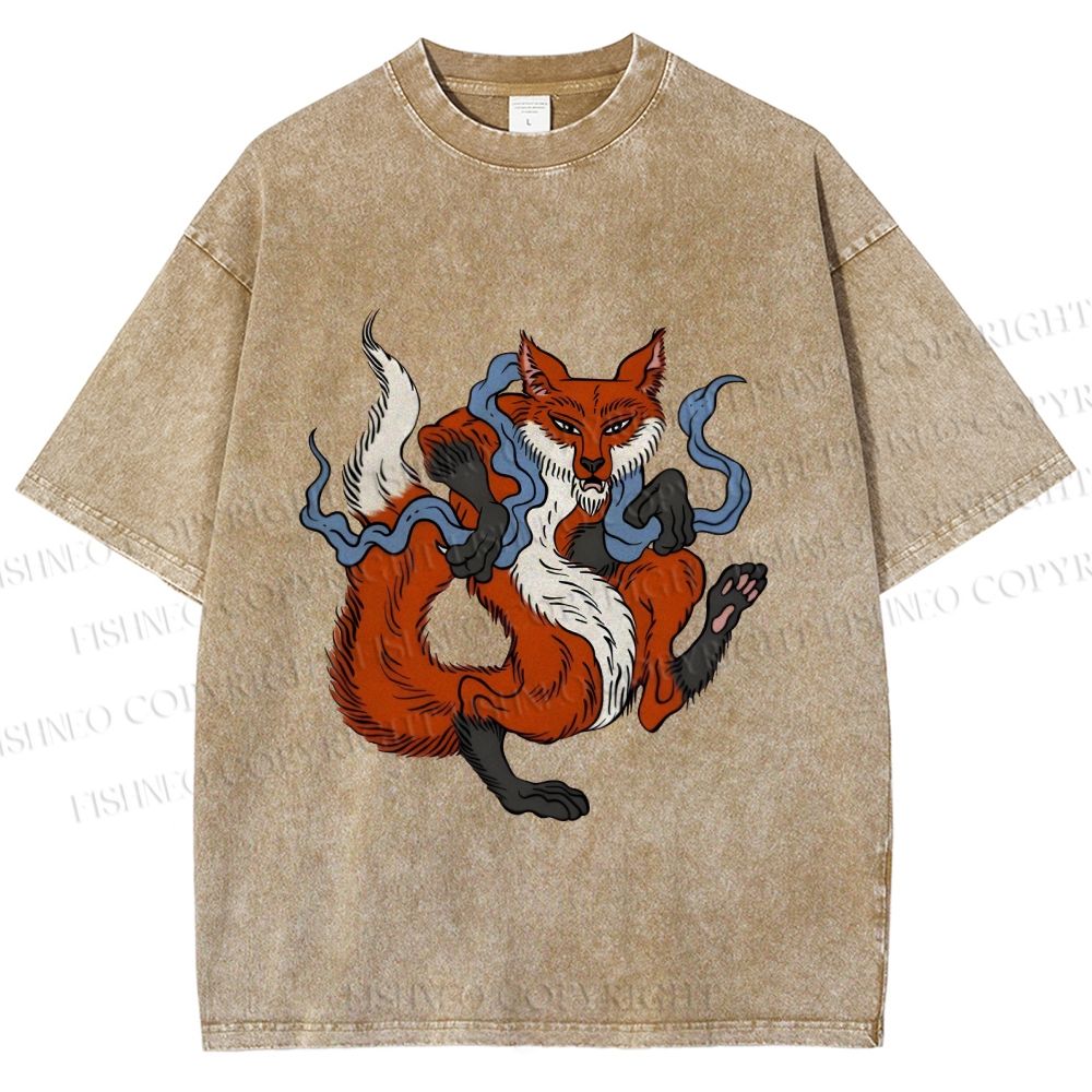 Unisex Japanese Ukiyo-e Fox Printed Washed Tee