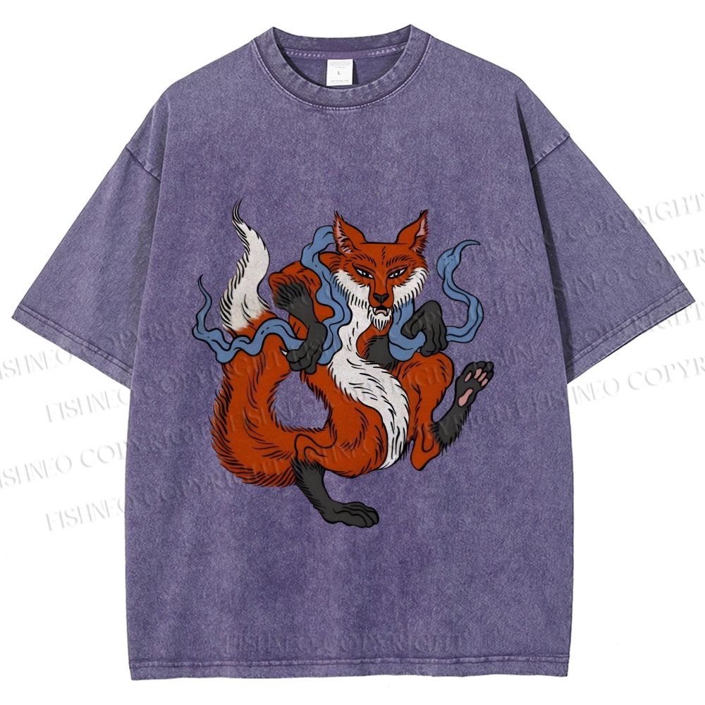 Unisex Japanese Ukiyo-e Fox Printed Washed Tee