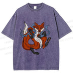 Unisex Japanese Ukiyo-e Fox Printed Washed Tee