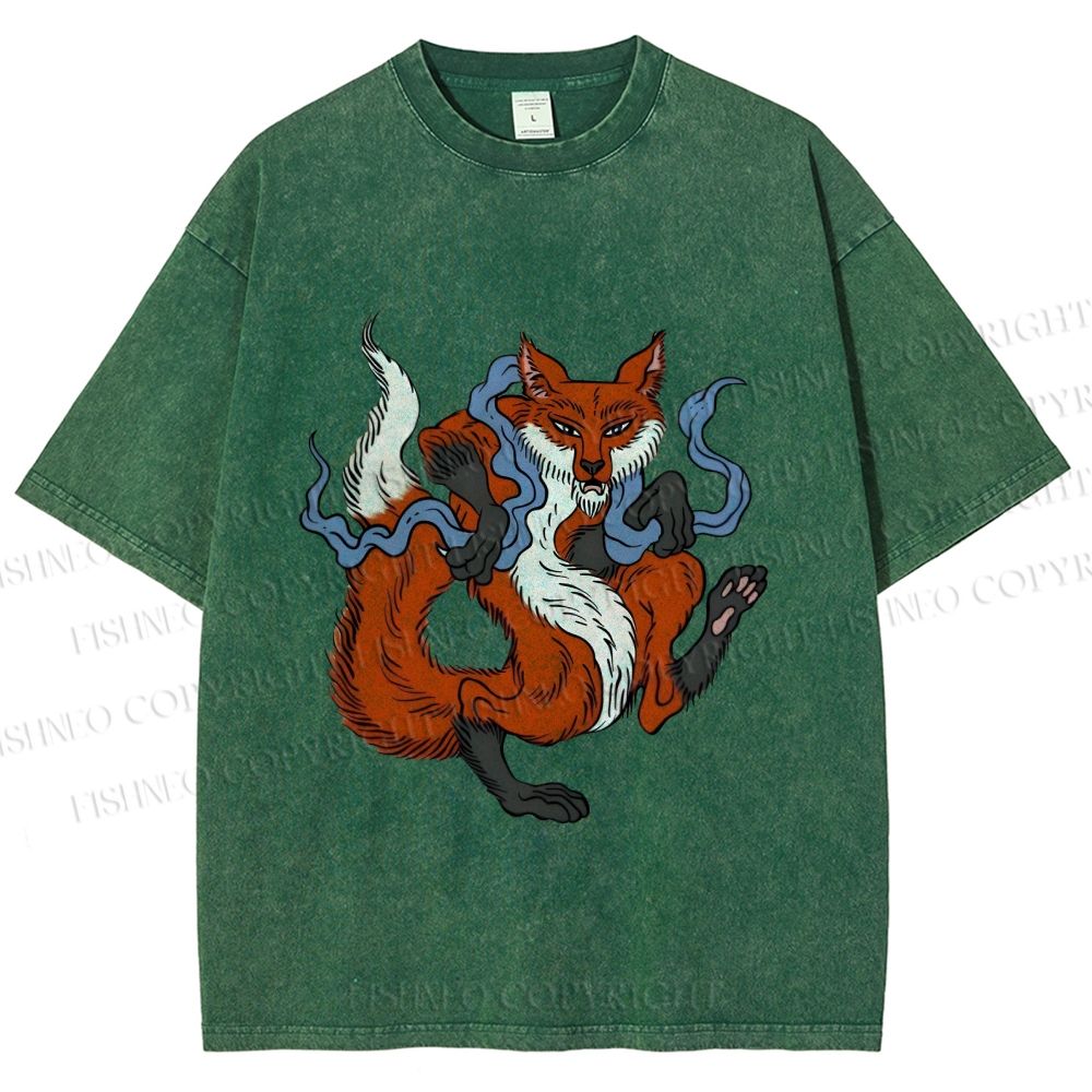 Unisex Japanese Ukiyo-e Fox Printed Washed Tee