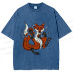 Unisex Japanese Ukiyo-e Fox Printed Washed Tee