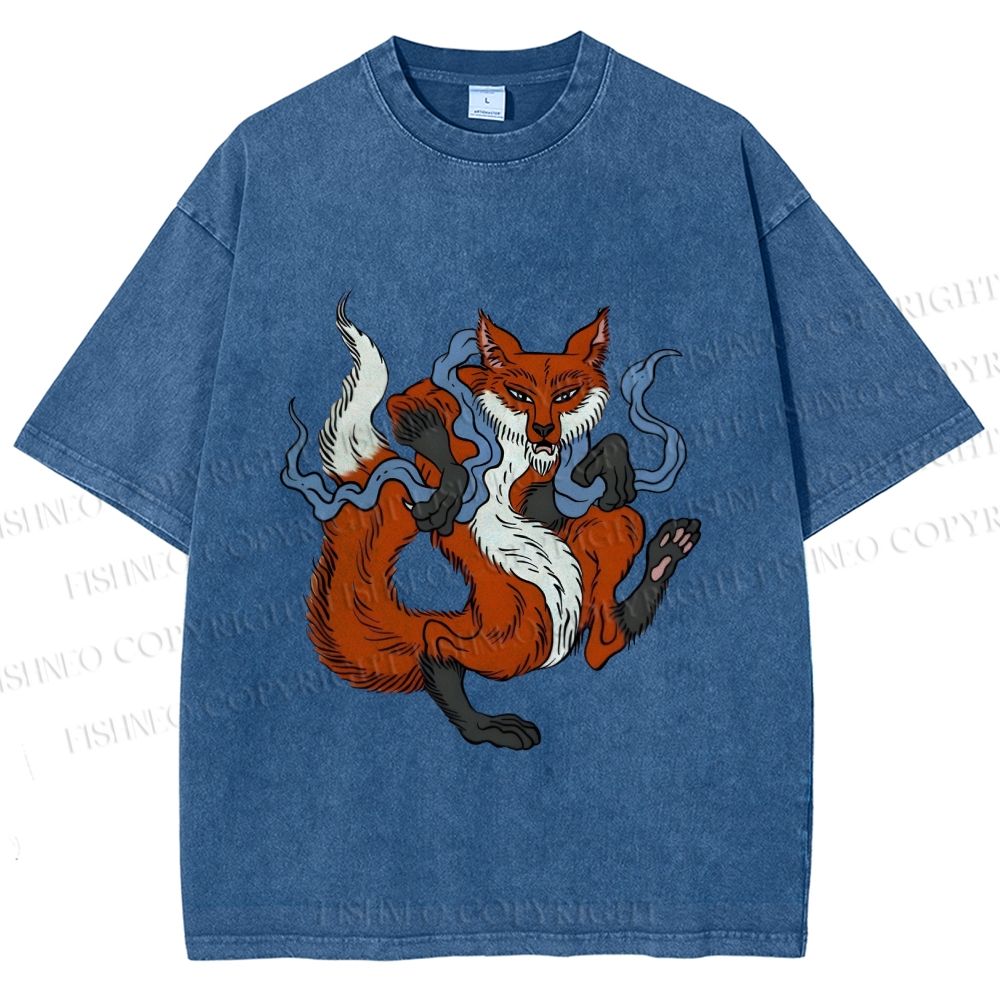 Unisex Japanese Ukiyo-e Fox Printed Washed Tee