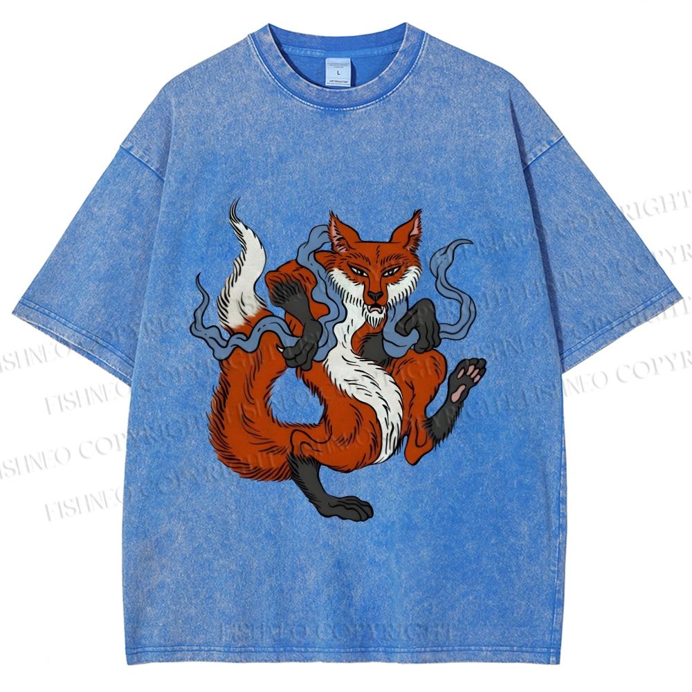 Unisex Japanese Ukiyo-e Fox Printed Washed Tee
