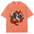 Unisex Japanese Ukiyo-e Fox Printed Washed Tee