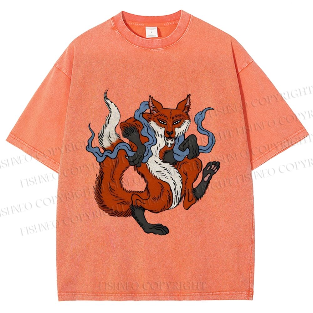 Unisex Japanese Ukiyo-e Fox Printed Washed Tee