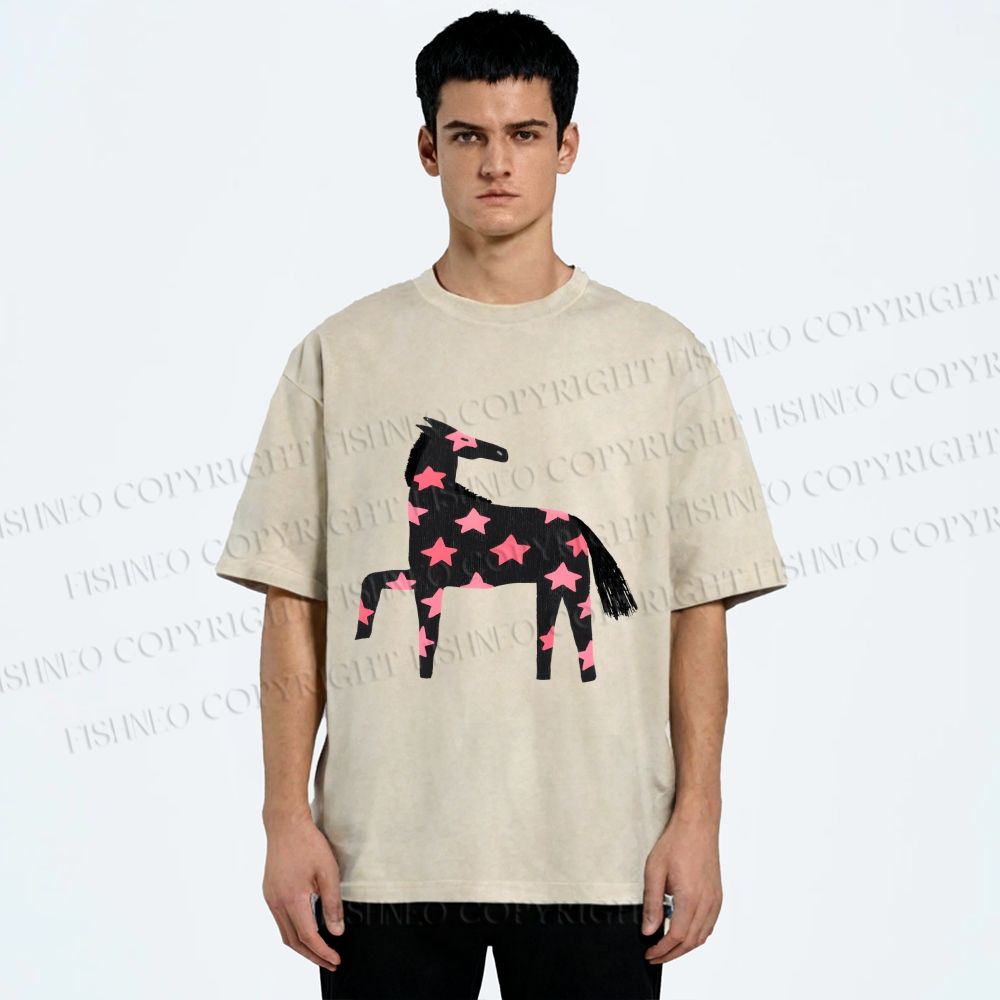 Unisex Pink Star Horse Printed Washed Tee