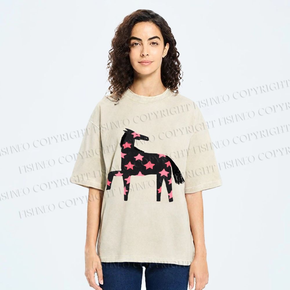 Unisex Pink Star Horse Printed Washed Tee