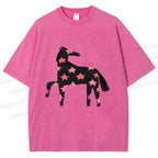 Unisex Pink Star Horse Printed Washed Tee