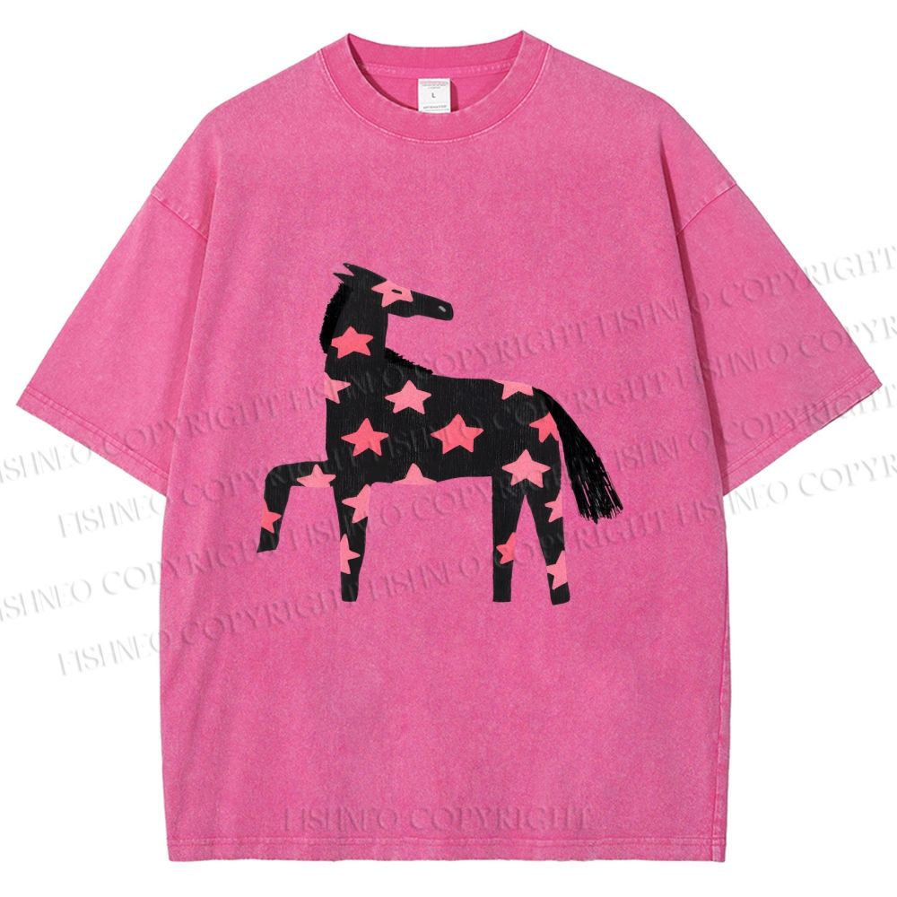 Unisex Pink Star Horse Printed Washed Tee