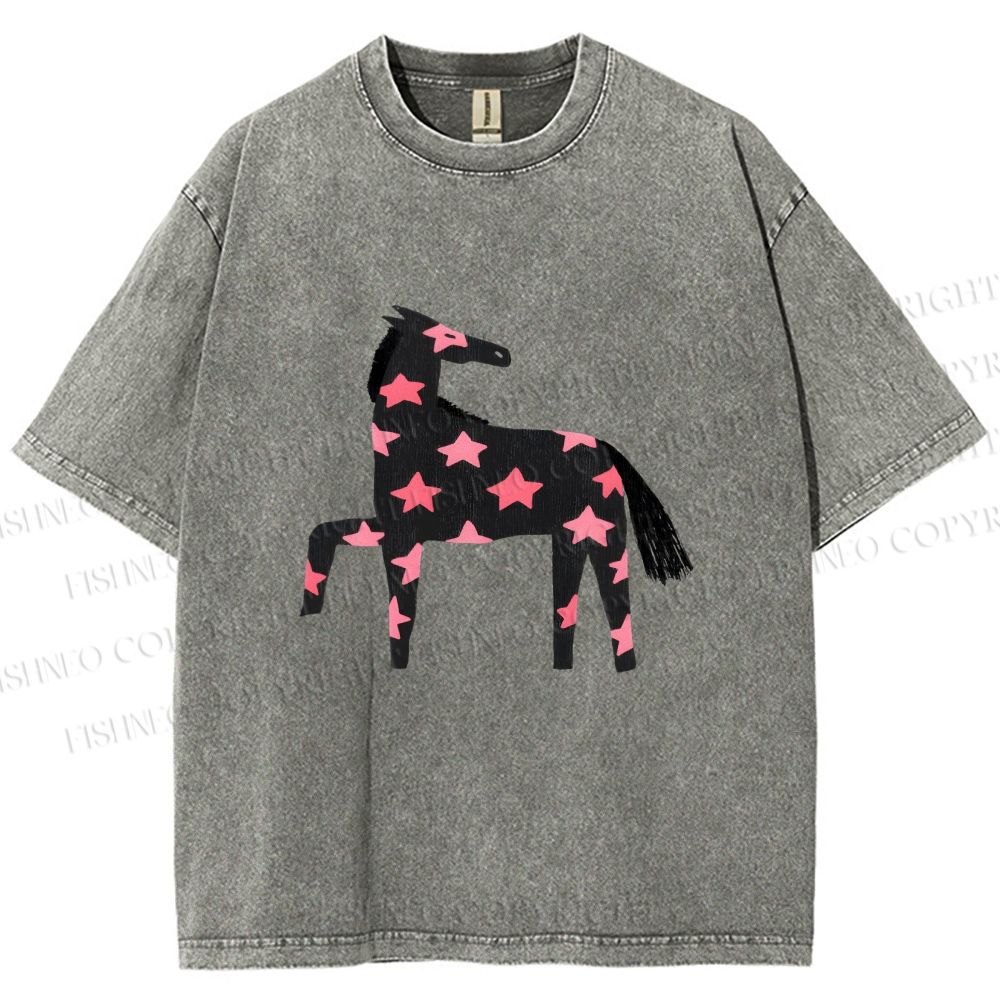 Unisex Pink Star Horse Printed Washed Tee