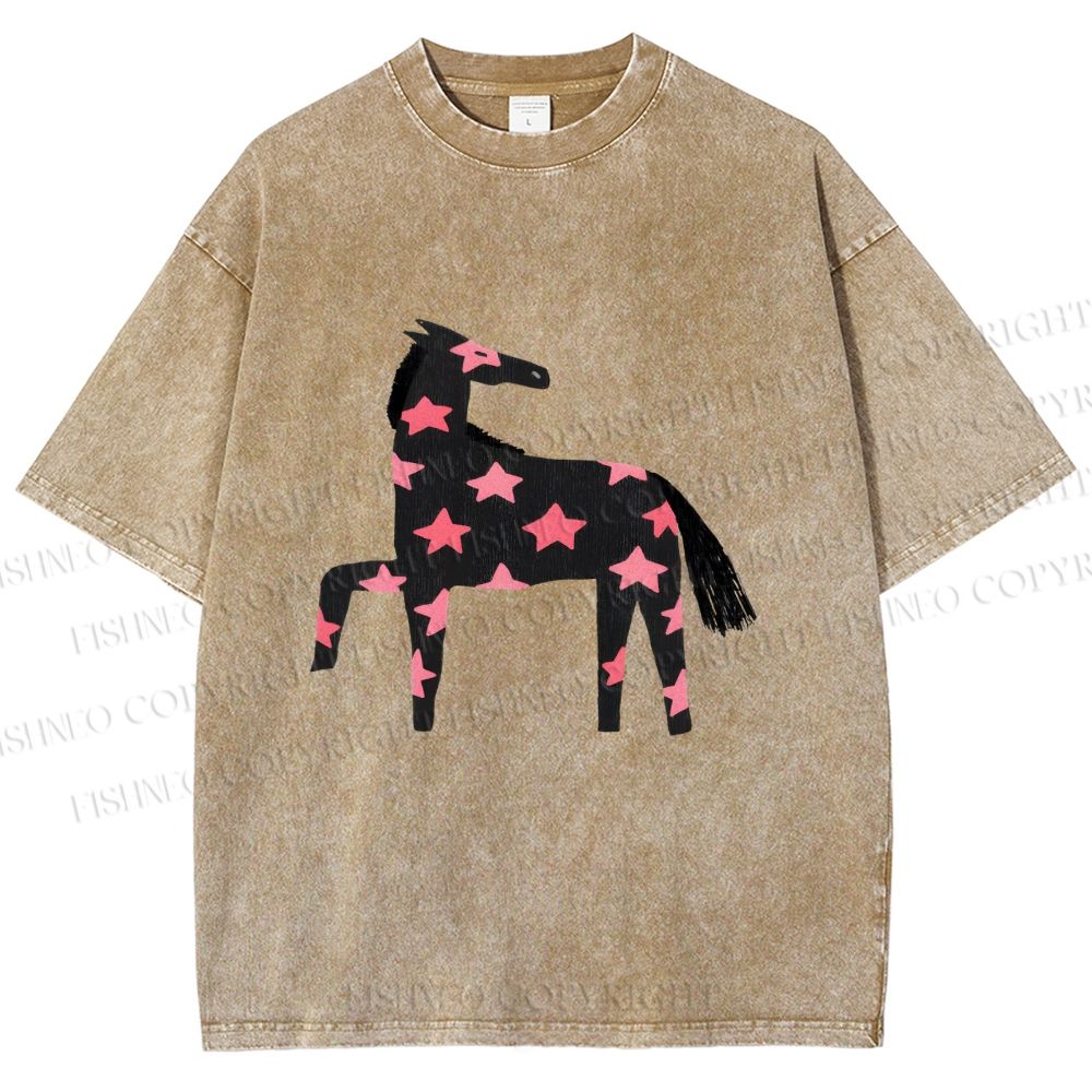 Unisex Pink Star Horse Printed Washed Tee