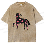 Unisex Pink Star Horse Printed Washed Tee