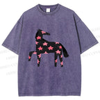 Unisex Pink Star Horse Printed Washed Tee