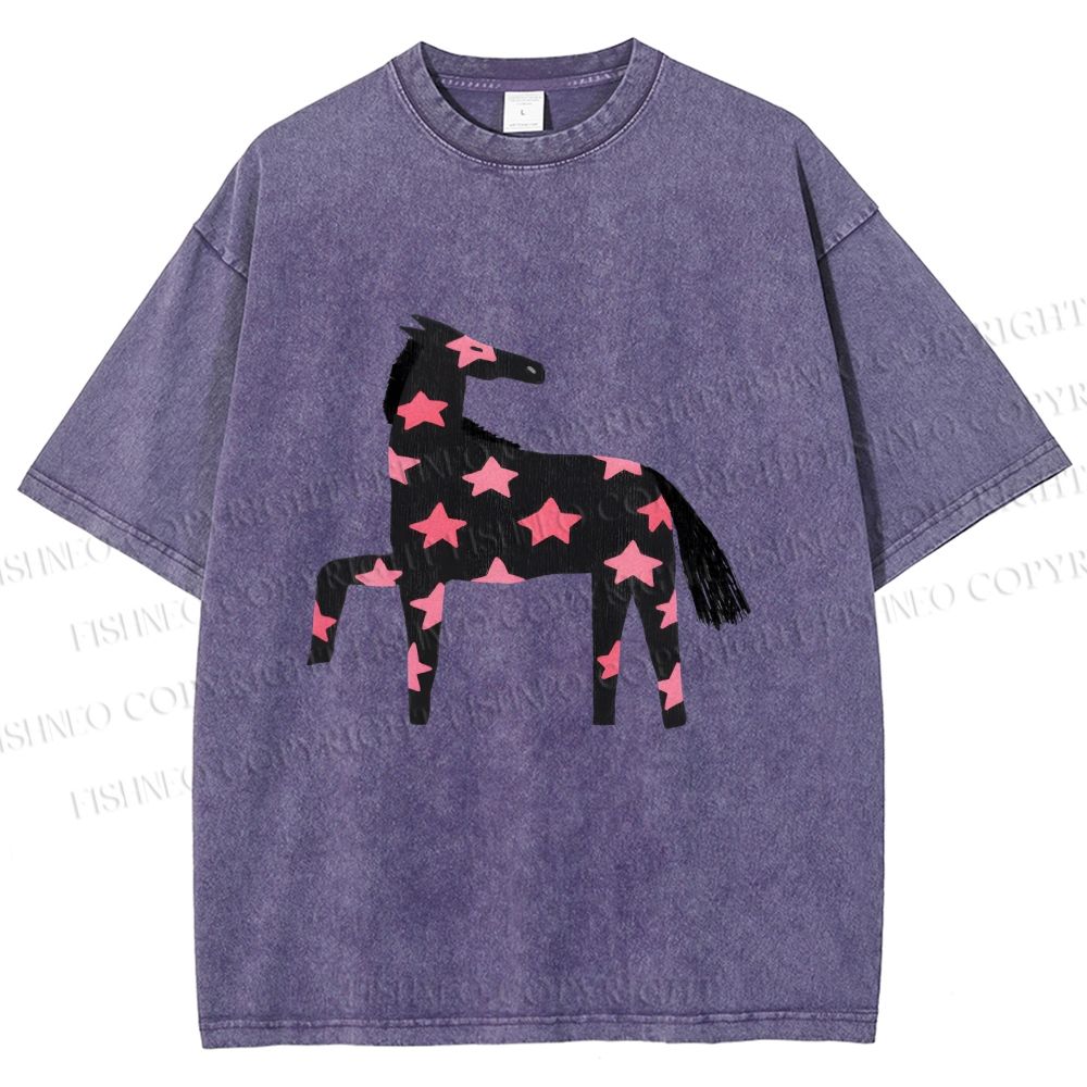 Unisex Pink Star Horse Printed Washed Tee