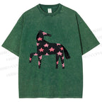 Unisex Pink Star Horse Printed Washed Tee