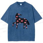 Unisex Pink Star Horse Printed Washed Tee