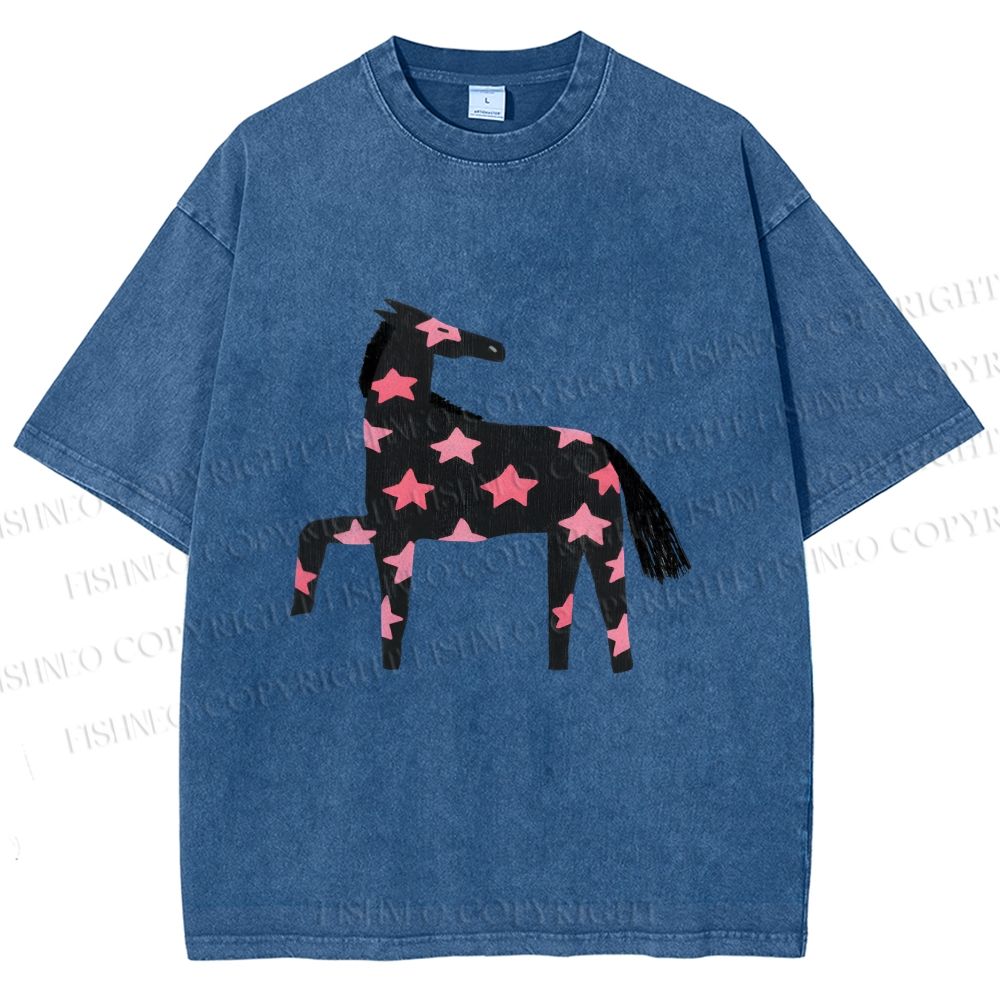 Unisex Pink Star Horse Printed Washed Tee