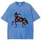 Unisex Pink Star Horse Printed Washed Tee