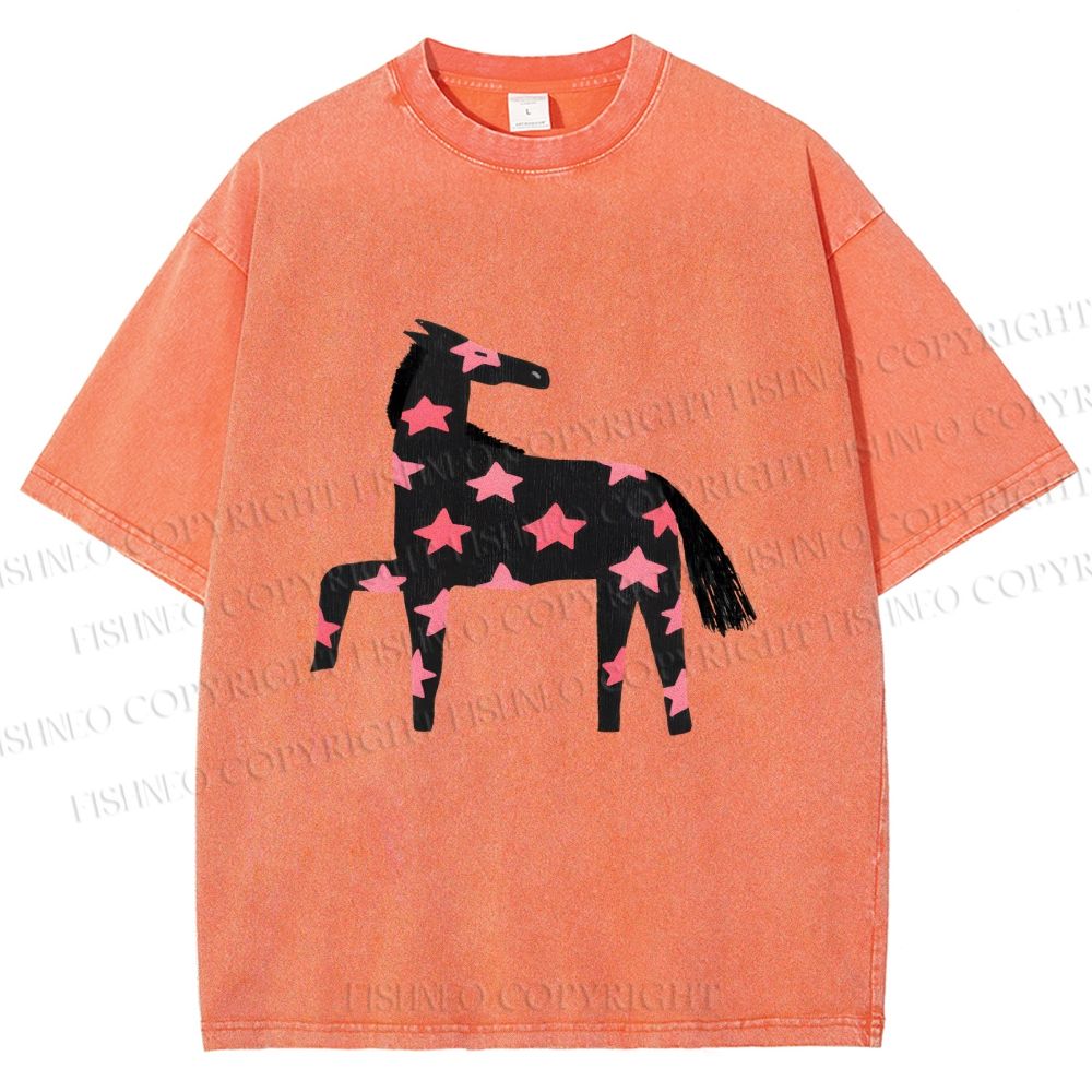 Unisex Pink Star Horse Printed Washed Tee