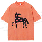 Unisex Pink Star Horse Printed Washed Tee