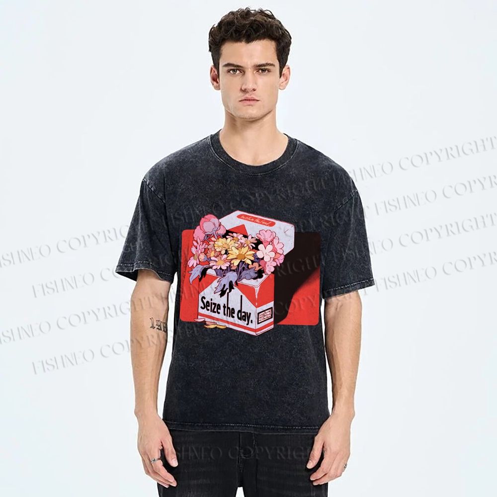 Unisex Flowers in Cigarette Box Seize the day Printed Washed Tee