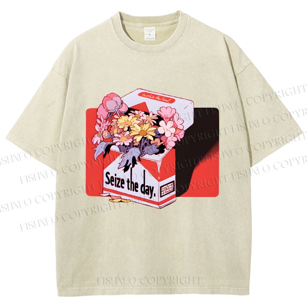Unisex Flowers in Cigarette Box Seize the day Printed Washed Tee