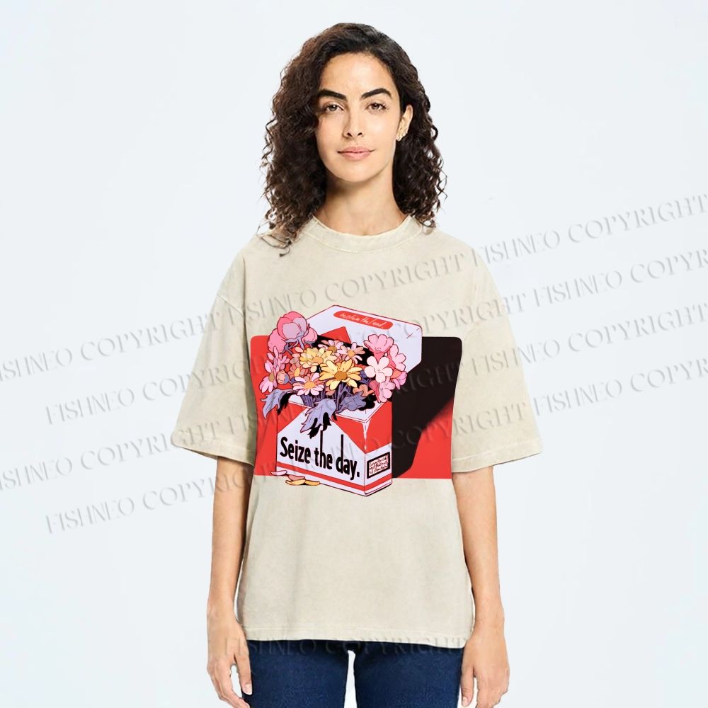 Unisex Flowers in Cigarette Box Seize the day Printed Washed Tee