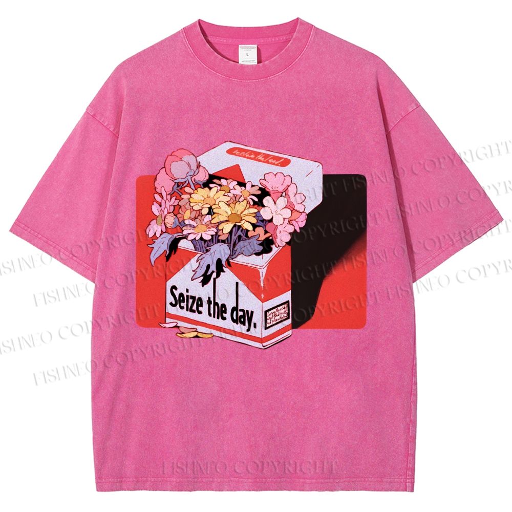 Unisex Flowers in Cigarette Box Seize the day Printed Washed Tee