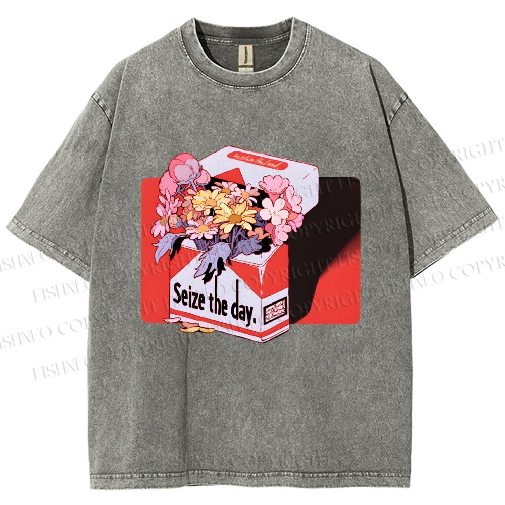 Unisex Flowers in Cigarette Box Seize the day Printed Washed Tee