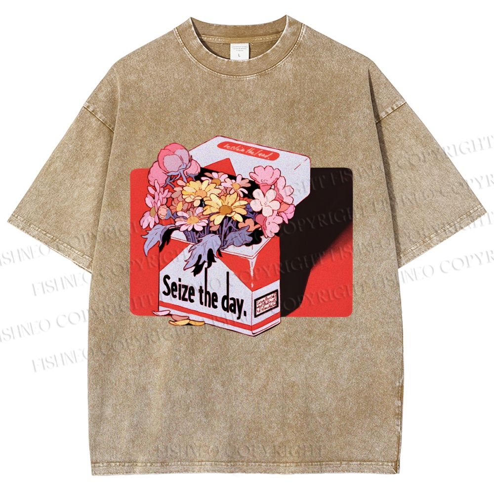 Unisex Flowers in Cigarette Box Seize the day Printed Washed Tee