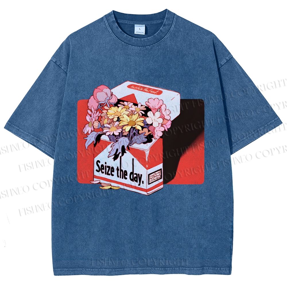 Unisex Flowers in Cigarette Box Seize the day Printed Washed Tee