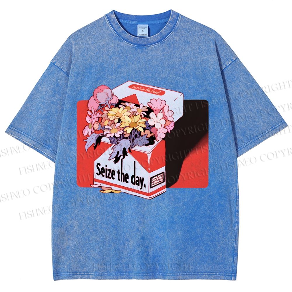 Unisex Flowers in Cigarette Box Seize the day Printed Washed Tee