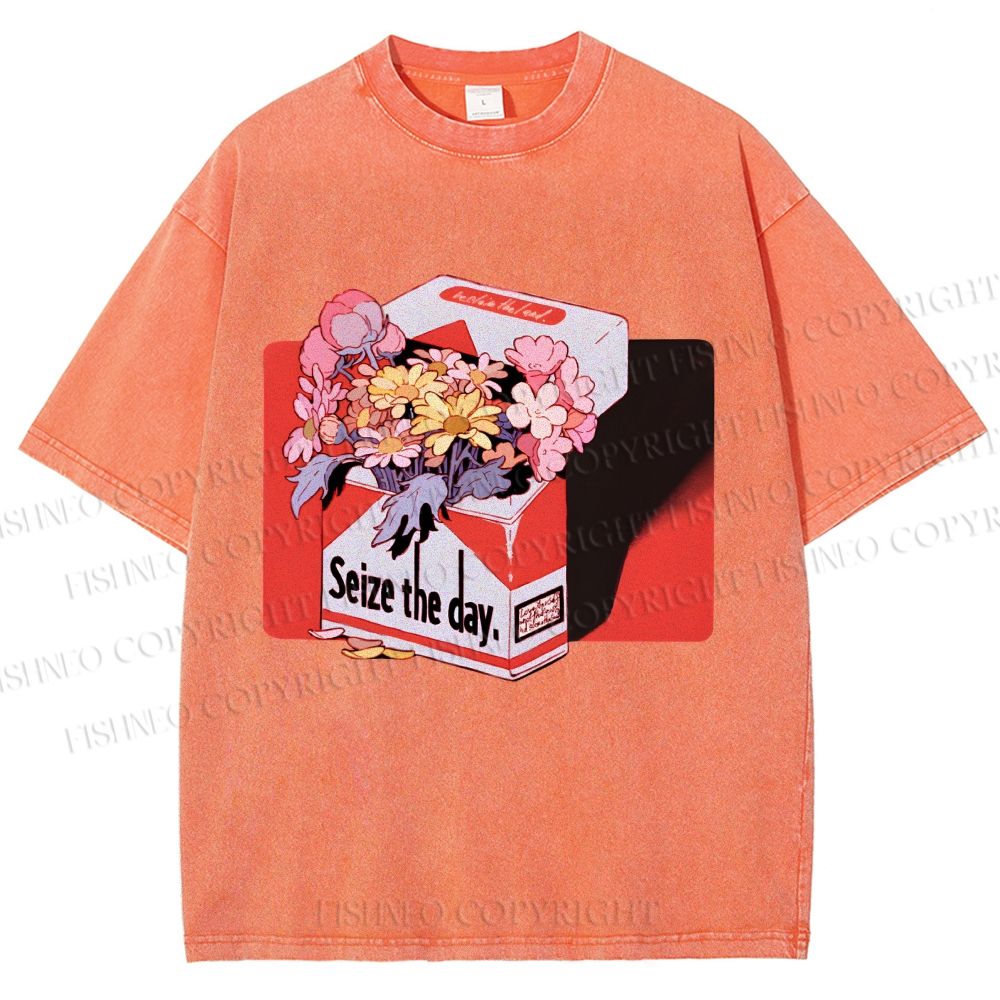 Unisex Flowers in Cigarette Box Seize the day Printed Washed Tee