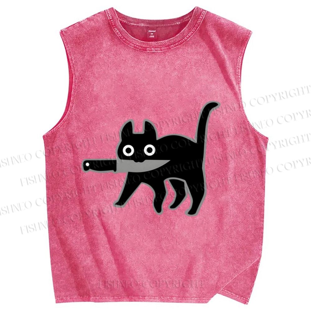 Unisex Black Cat With Knife Printed Washed Tank Top