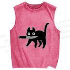 Unisex Black Cat With Knife Printed Washed Tank Top