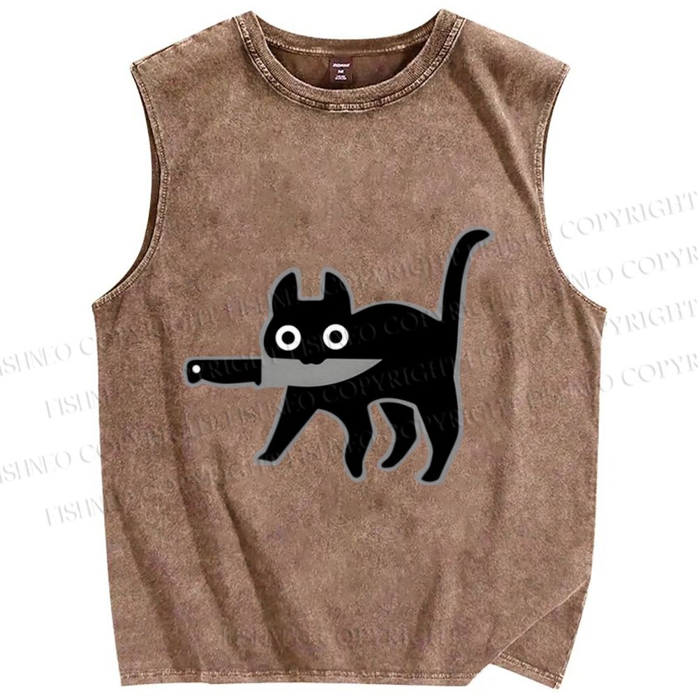Unisex Black Cat With Knife Printed Washed Tank Top