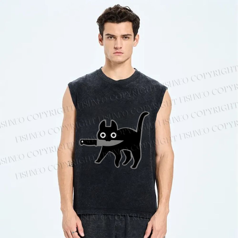 Unisex Black Cat With Knife Printed Washed Tank Top