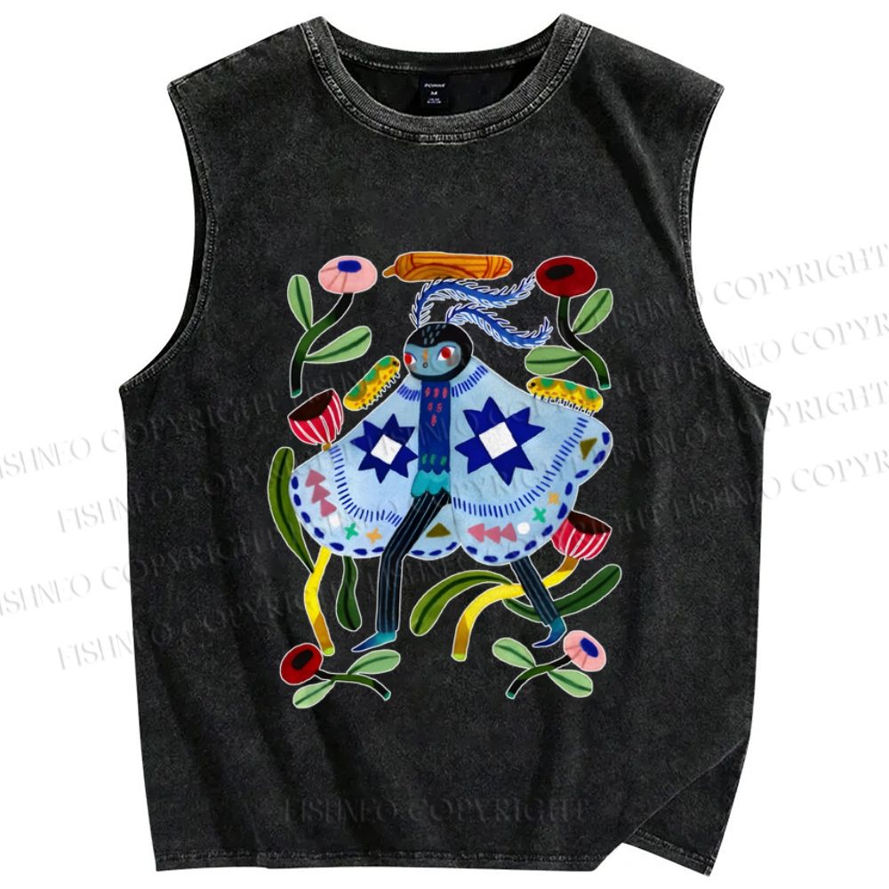 Unisex Blue Moth Graffiti Printed Washed Tank Top