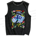 Unisex Blue Moth Graffiti Printed Washed Tank Top
