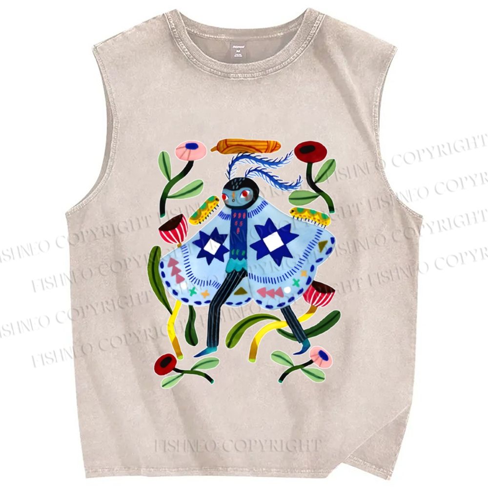 Unisex Blue Moth Graffiti Printed Washed Tank Top
