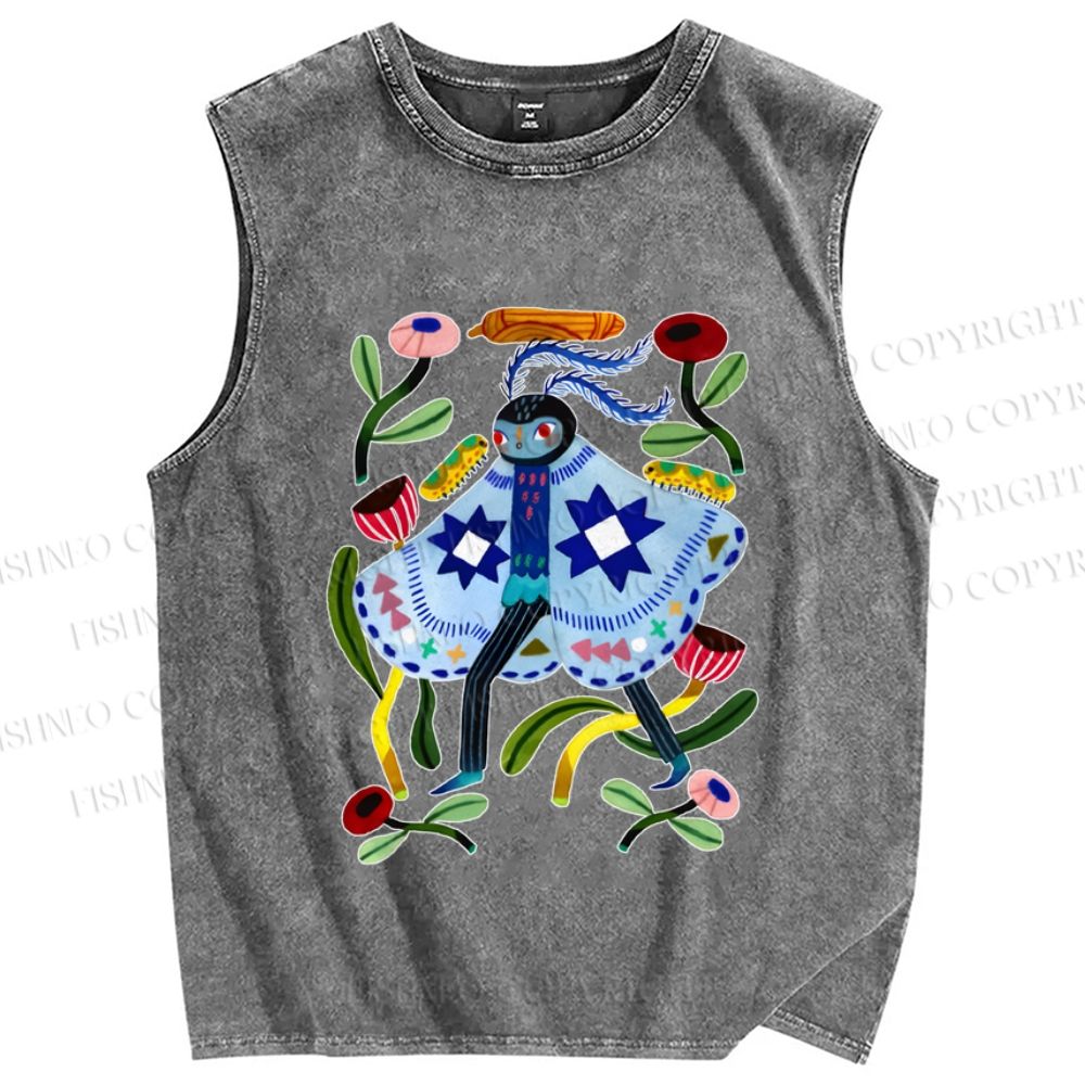 Unisex Blue Moth Graffiti Printed Washed Tank Top